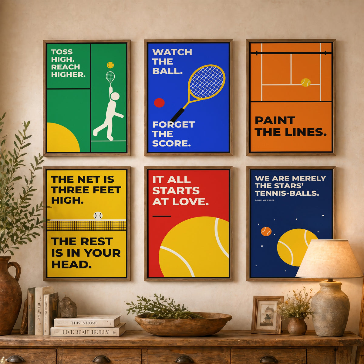 Set of Six Tennis Quote Art Prints - 6 Bauhaus Tennis Player Posters - Minimalist Sport Illustration - Racket, Court, Ball