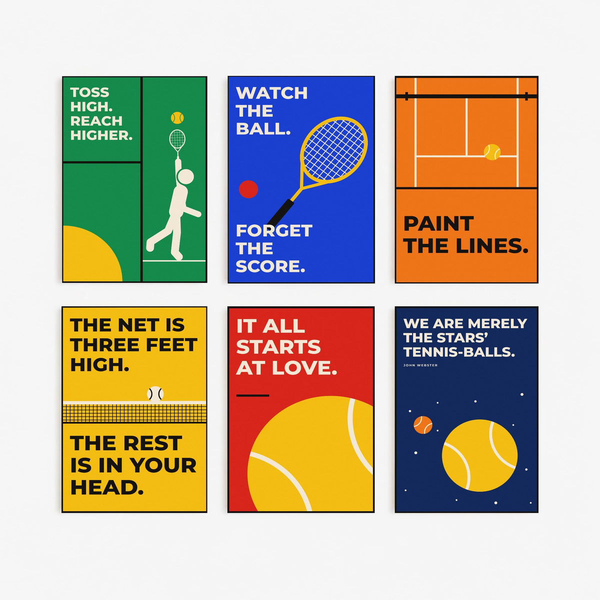 Set of Six Tennis Quote Art Prints - 6 Bauhaus Tennis Player Posters - Minimalist Sport Illustration - Racket, Court, Ball