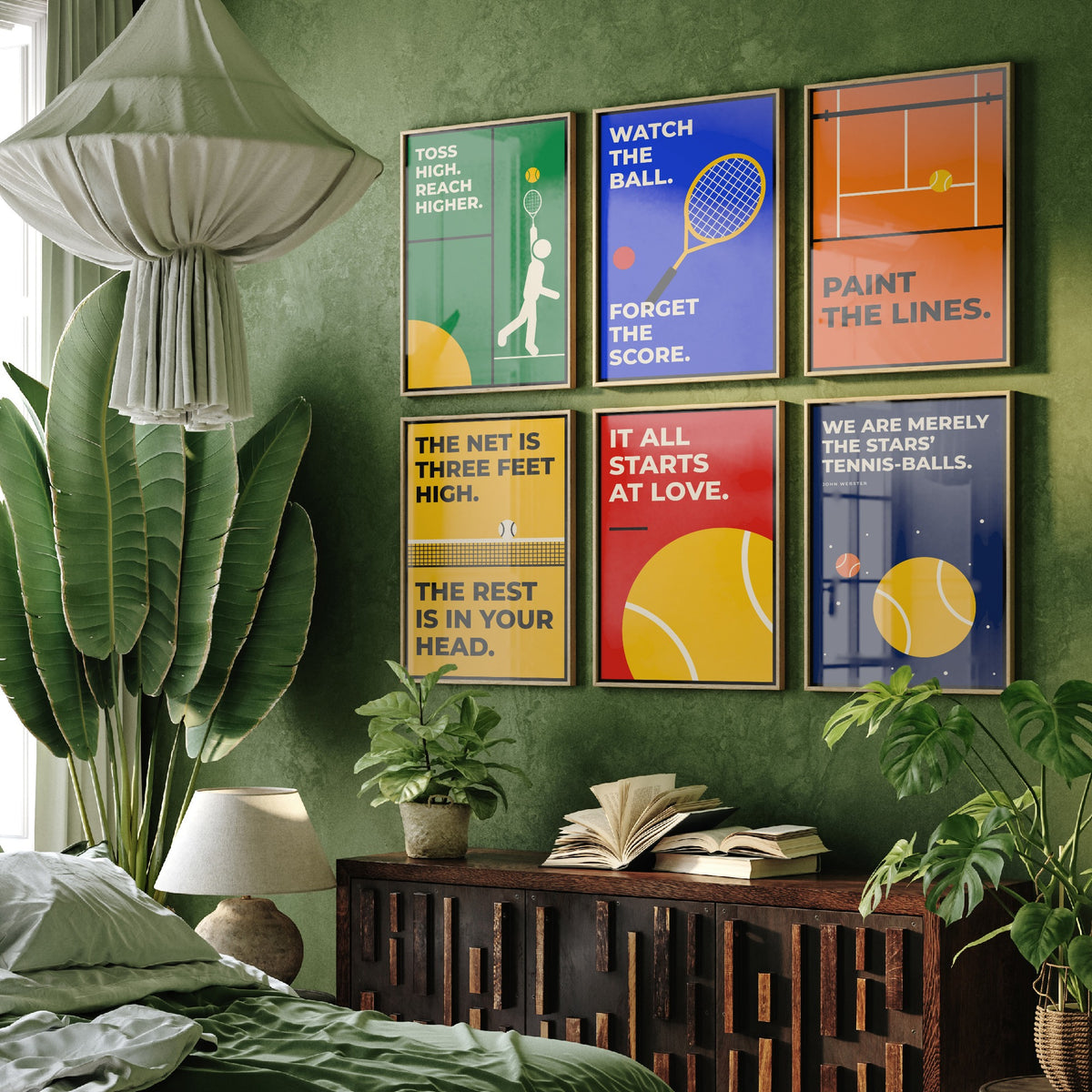 Set of Six Tennis Quote Art Prints - 6 Bauhaus Tennis Player Posters - Minimalist Sport Illustration - Racket, Court, Ball