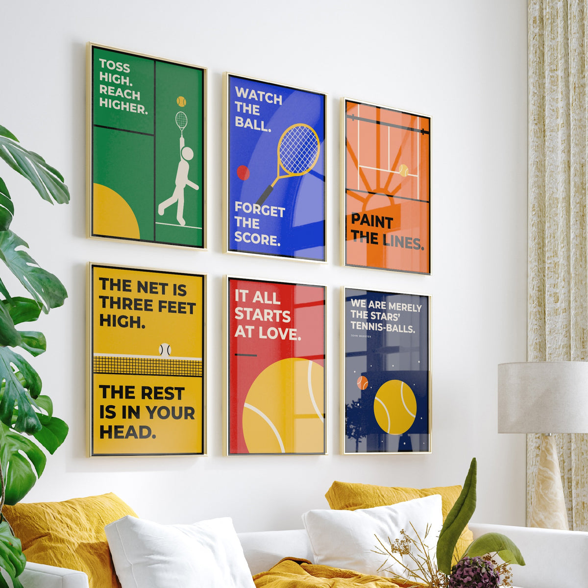 Set of Six Tennis Quote Art Prints - 6 Bauhaus Tennis Player Posters - Minimalist Sport Illustration - Racket, Court, Ball