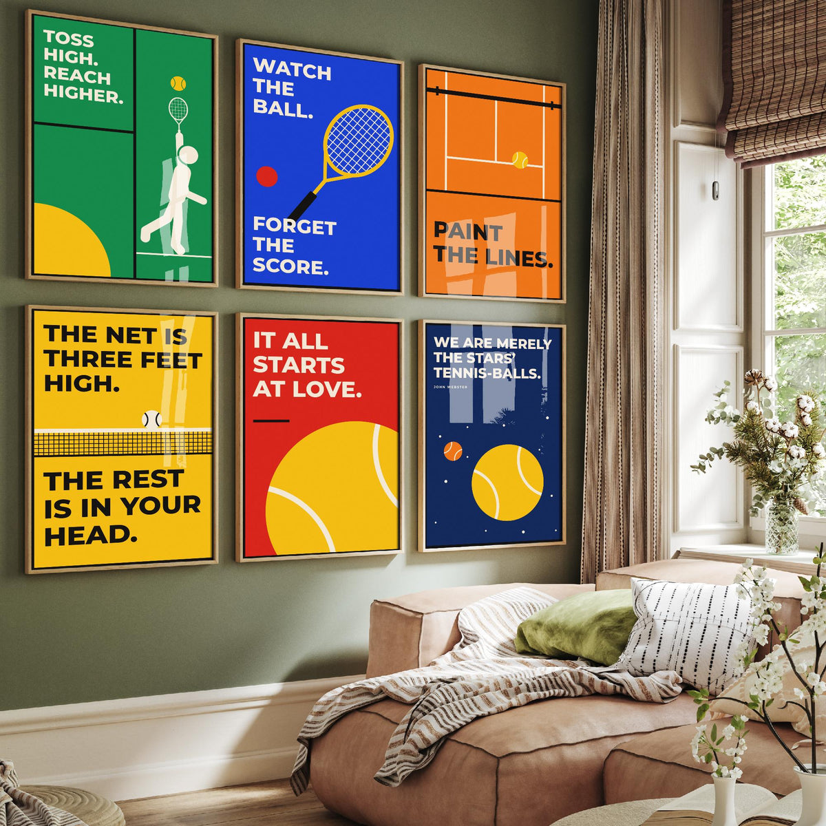 Set of Six Tennis Quote Art Prints - 6 Bauhaus Tennis Player Posters - Minimalist Sport Illustration - Racket, Court, Ball