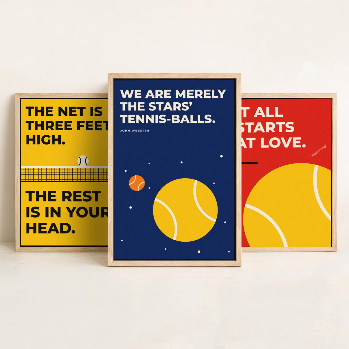 Tennis Quotes Set of Three Art Prints - 3 Retro Bauhaus Tennis Player Posters - Minimalist Sport Wall Art Illustration V2