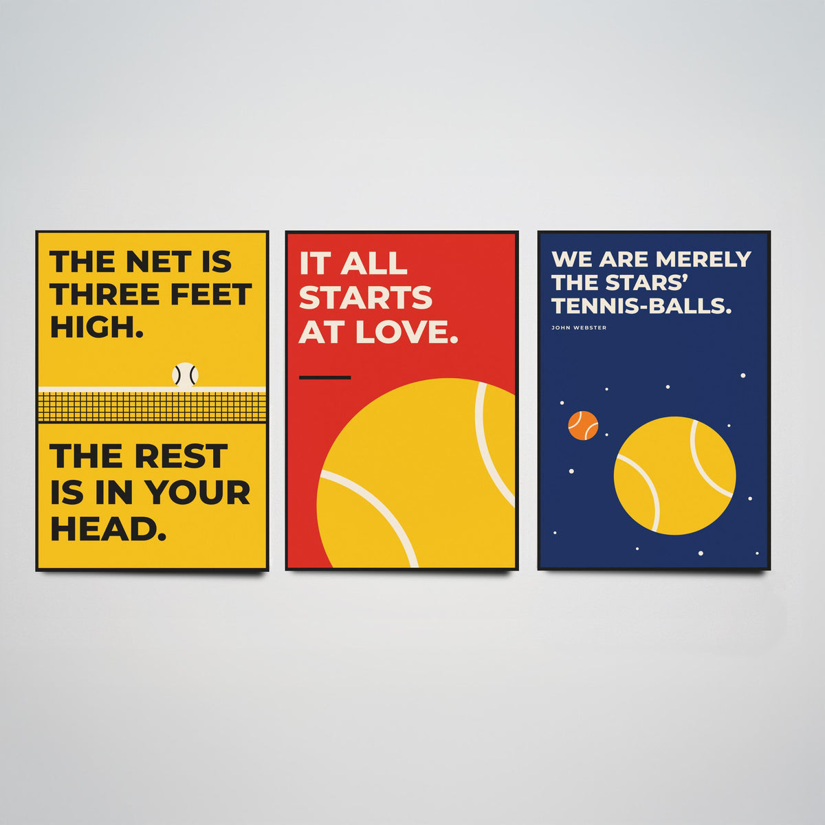 Tennis Quotes Set of Three Art Prints - 3 Retro Bauhaus Tennis Player Posters - Minimalist Sport Wall Art Illustration V2