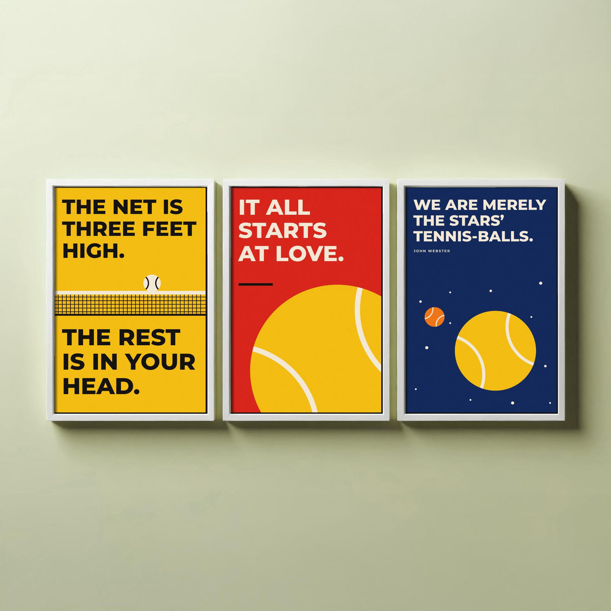 Tennis Quotes Set of Three Art Prints - 3 Retro Bauhaus Tennis Player Posters - Minimalist Sport Wall Art Illustration V2