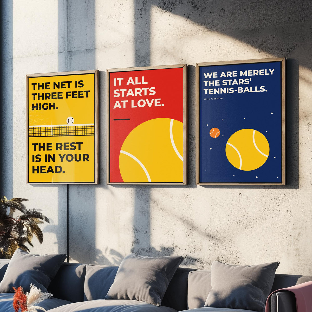 Tennis Quotes Set of Three Art Prints - 3 Retro Bauhaus Tennis Player Posters - Minimalist Sport Wall Art Illustration V2