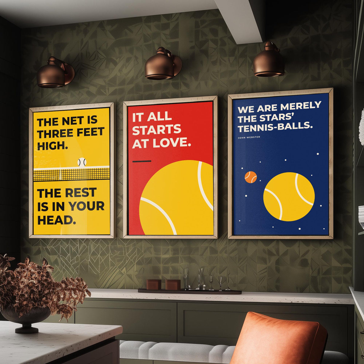 Tennis Quotes Set of Three Art Prints - 3 Retro Bauhaus Tennis Player Posters - Minimalist Sport Wall Art Illustration V2
