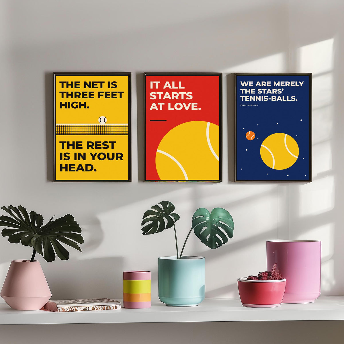 Tennis Quotes Set of Three Art Prints - 3 Retro Bauhaus Tennis Player Posters - Minimalist Sport Wall Art Illustration V2