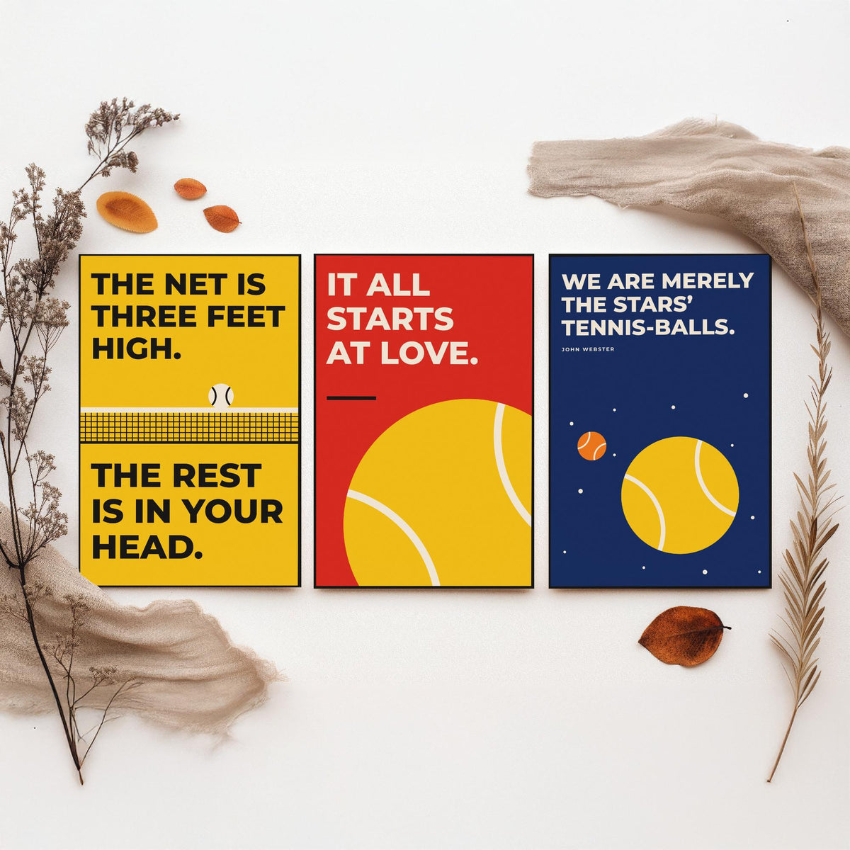 Tennis Quotes Set of Three Art Prints - 3 Retro Bauhaus Tennis Player Posters - Minimalist Sport Wall Art Illustration V2