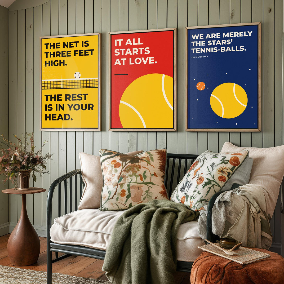 Tennis Quotes Set of Three Art Prints - 3 Retro Bauhaus Tennis Player Posters - Minimalist Sport Wall Art Illustration V2
