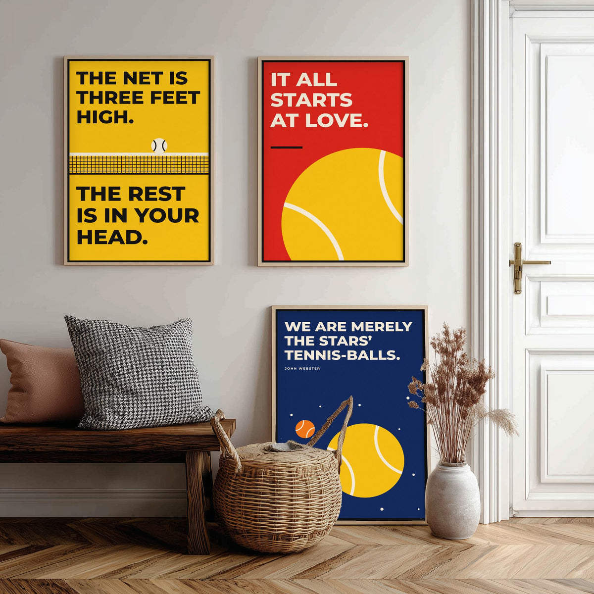 Tennis Quotes Set of Three Art Prints - 3 Retro Bauhaus Tennis Player Posters - Minimalist Sport Wall Art Illustration V2