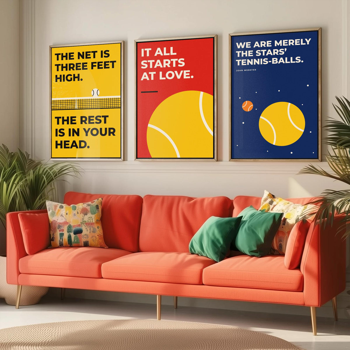 Tennis Quotes Set of Three Art Prints - 3 Retro Bauhaus Tennis Player Posters - Minimalist Sport Wall Art Illustration V2