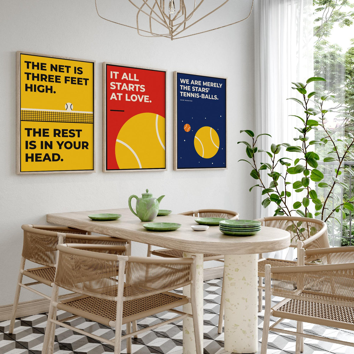 Tennis Quotes Set of Three Art Prints - 3 Retro Bauhaus Tennis Player Posters - Minimalist Sport Wall Art Illustration V2