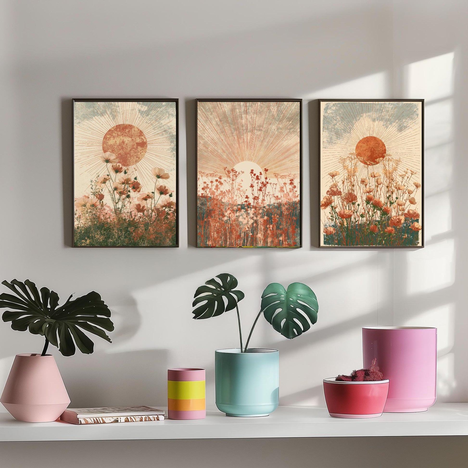 Terracotta Boho Sun Set of Three Art Prints - Wildflower Meadows Under Radiant Suns - Warm Rust Sage Posters - Boho Illustration