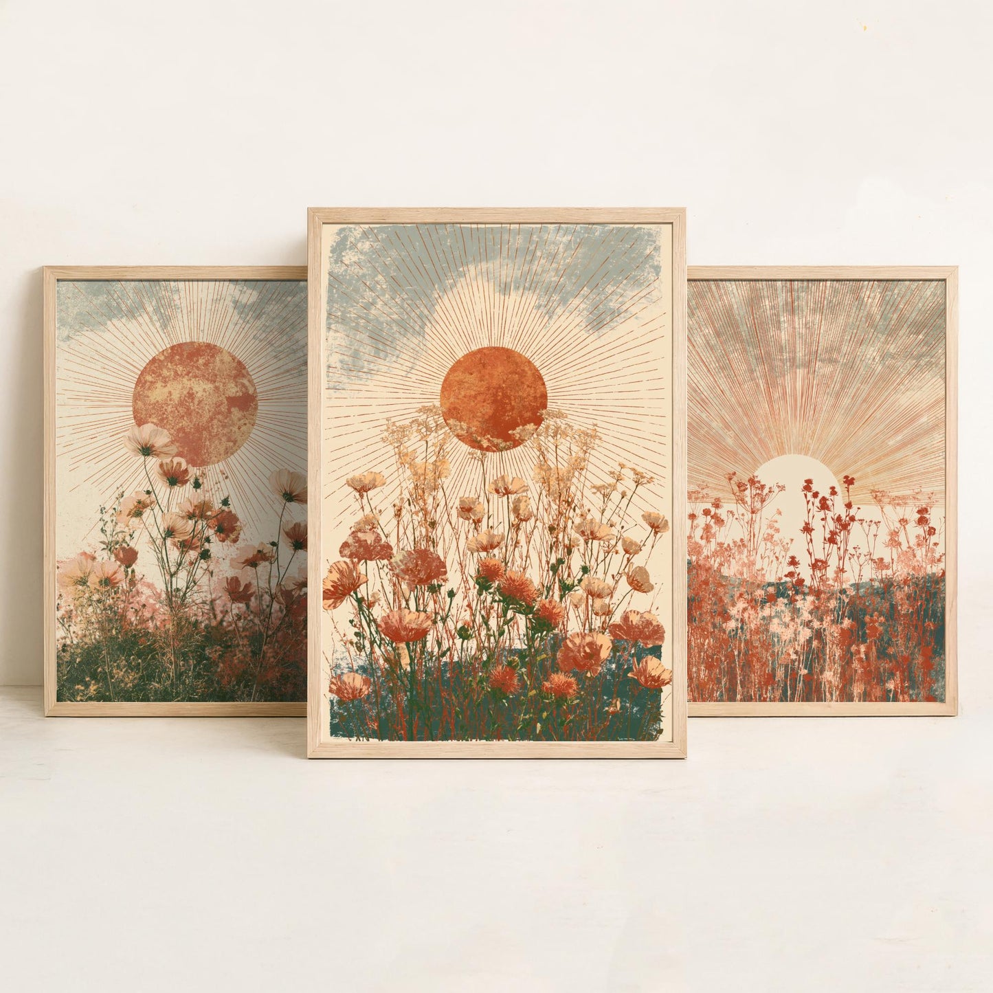Terracotta Boho Sun Set of Three Art Prints - Wildflower Meadows Under Radiant Suns - Warm Rust Sage Posters - Boho Illustration