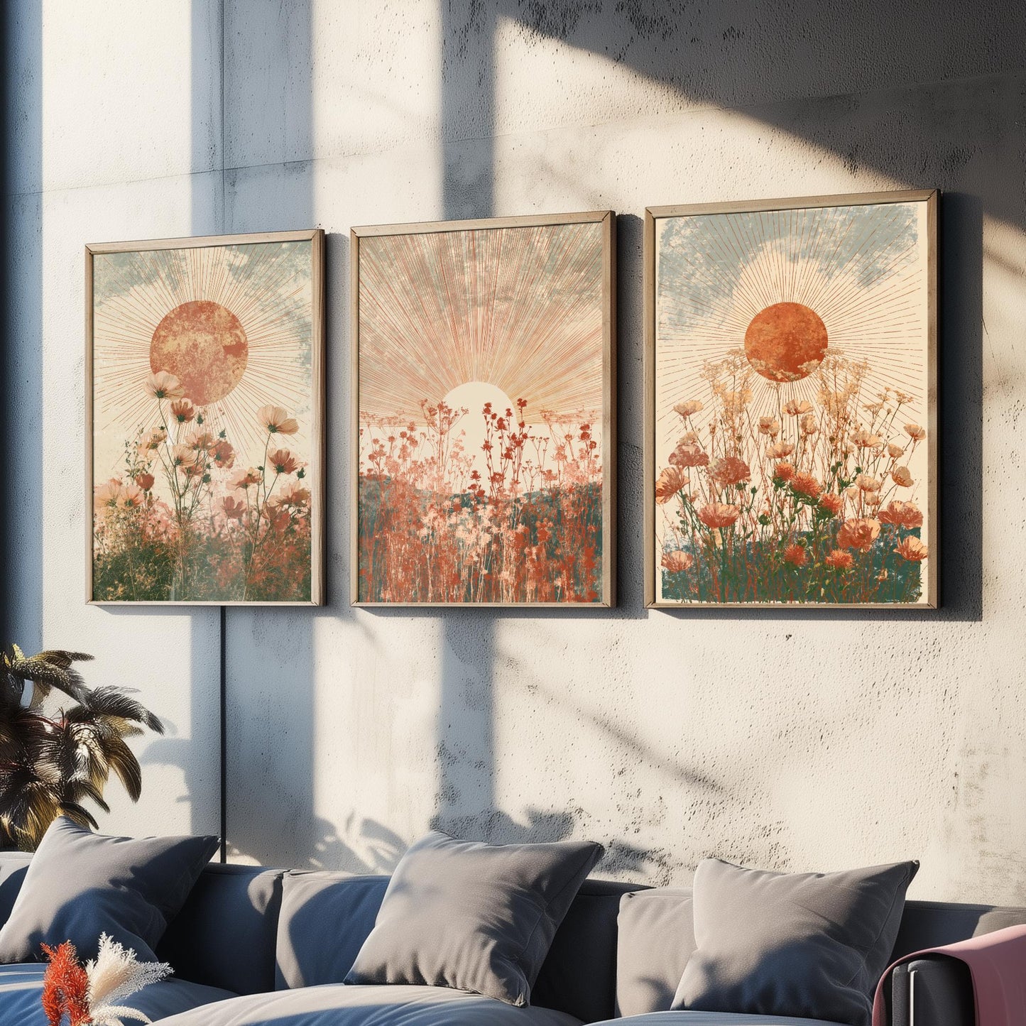 Terracotta Boho Sun Set of Three Art Prints - Wildflower Meadows Under Radiant Suns - Warm Rust Sage Posters - Boho Illustration