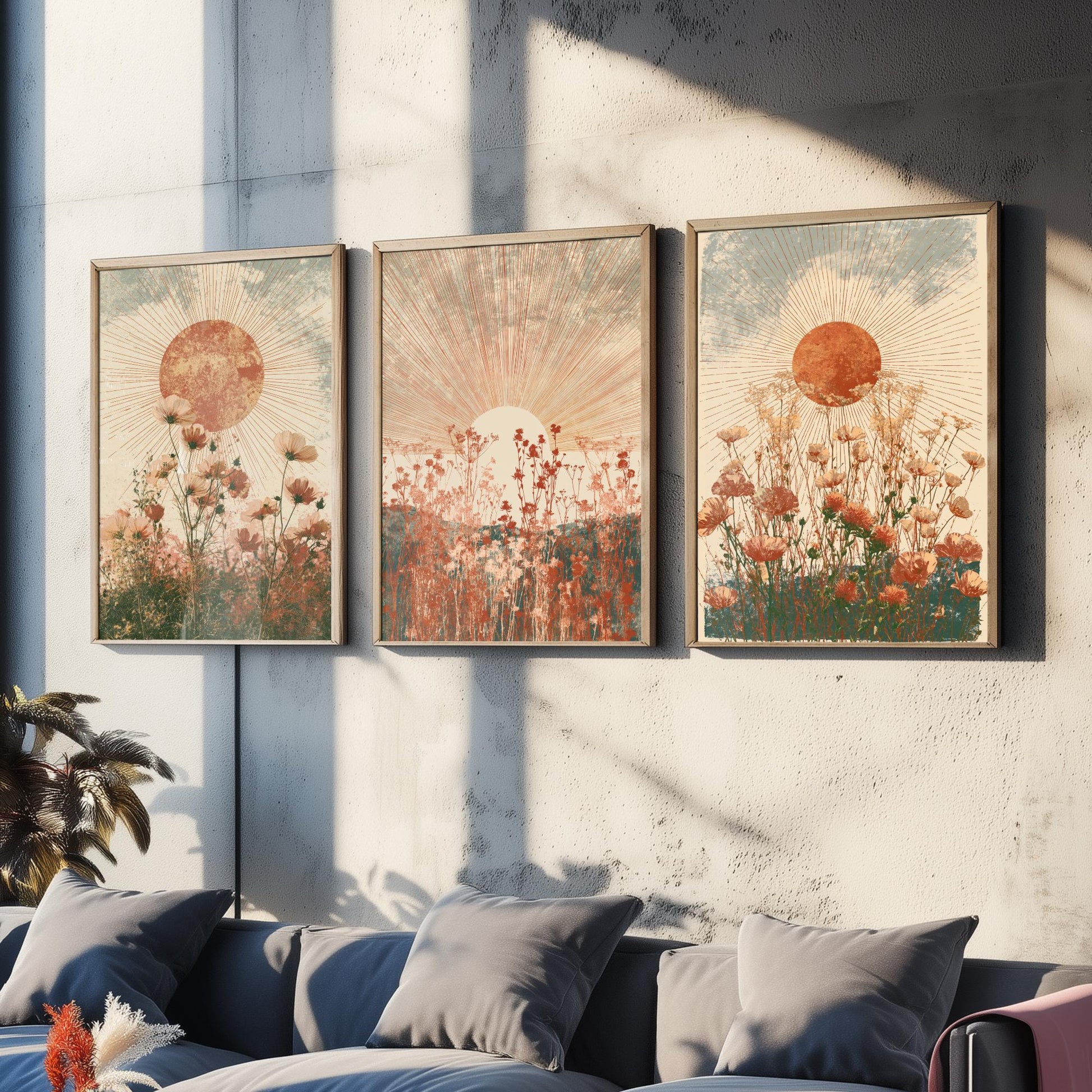 Terracotta Boho Sun Set of Three Art Prints - Wildflower Meadows Under Radiant Suns - Warm Rust Sage Posters - Boho Illustration