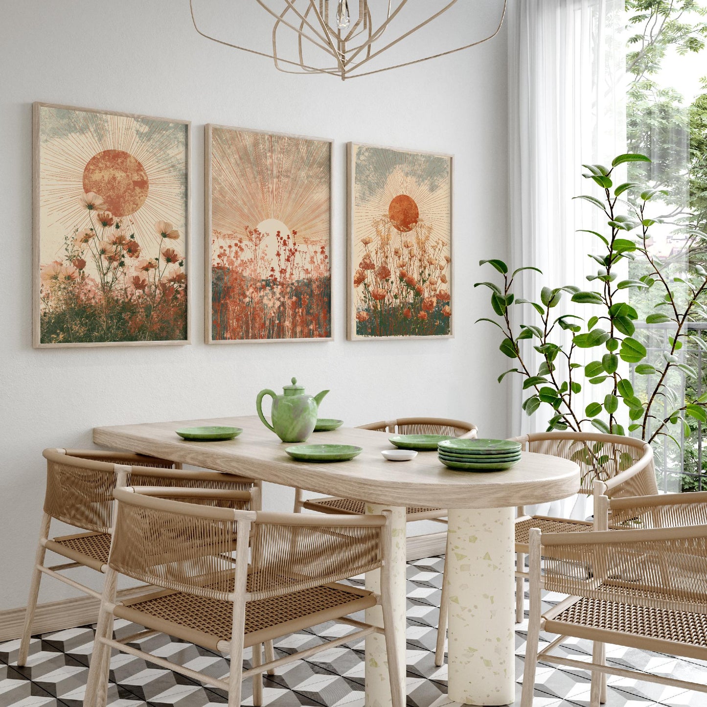 Terracotta Boho Sun Set of Three Art Prints - Wildflower Meadows Under Radiant Suns - Warm Rust Sage Posters - Boho Illustration