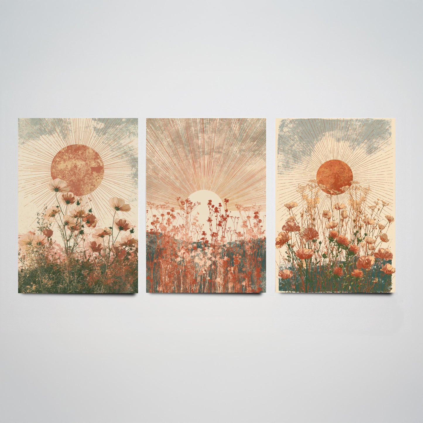 Terracotta Boho Sun Set of Three Art Prints - Wildflower Meadows Under Radiant Suns - Warm Rust Sage Posters - Boho Illustration