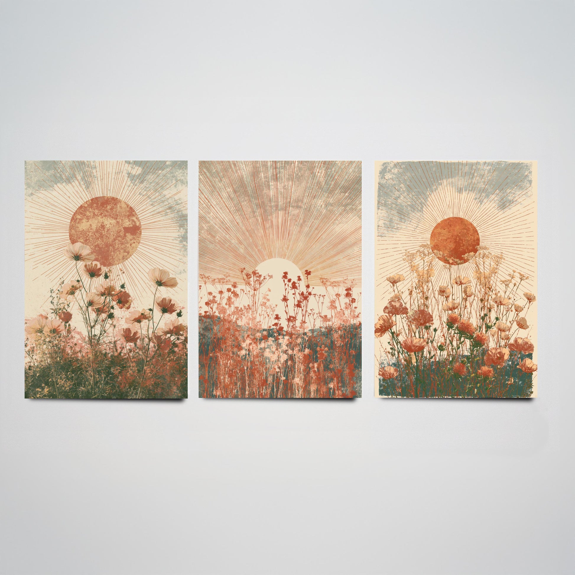 Terracotta Boho Sun Set of Three Art Prints - Wildflower Meadows Under Radiant Suns - Warm Rust Sage Posters - Boho Illustration