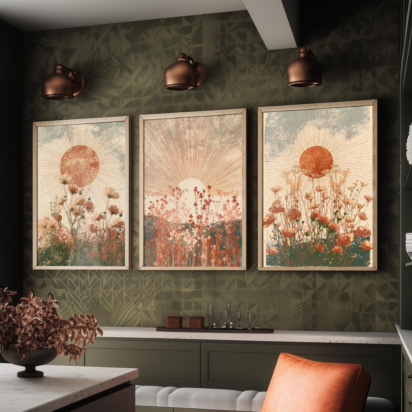 Terracotta Boho Sun Set of Three Art Prints - Wildflower Meadows Under Radiant Suns - Warm Rust Sage Posters - Boho Illustration