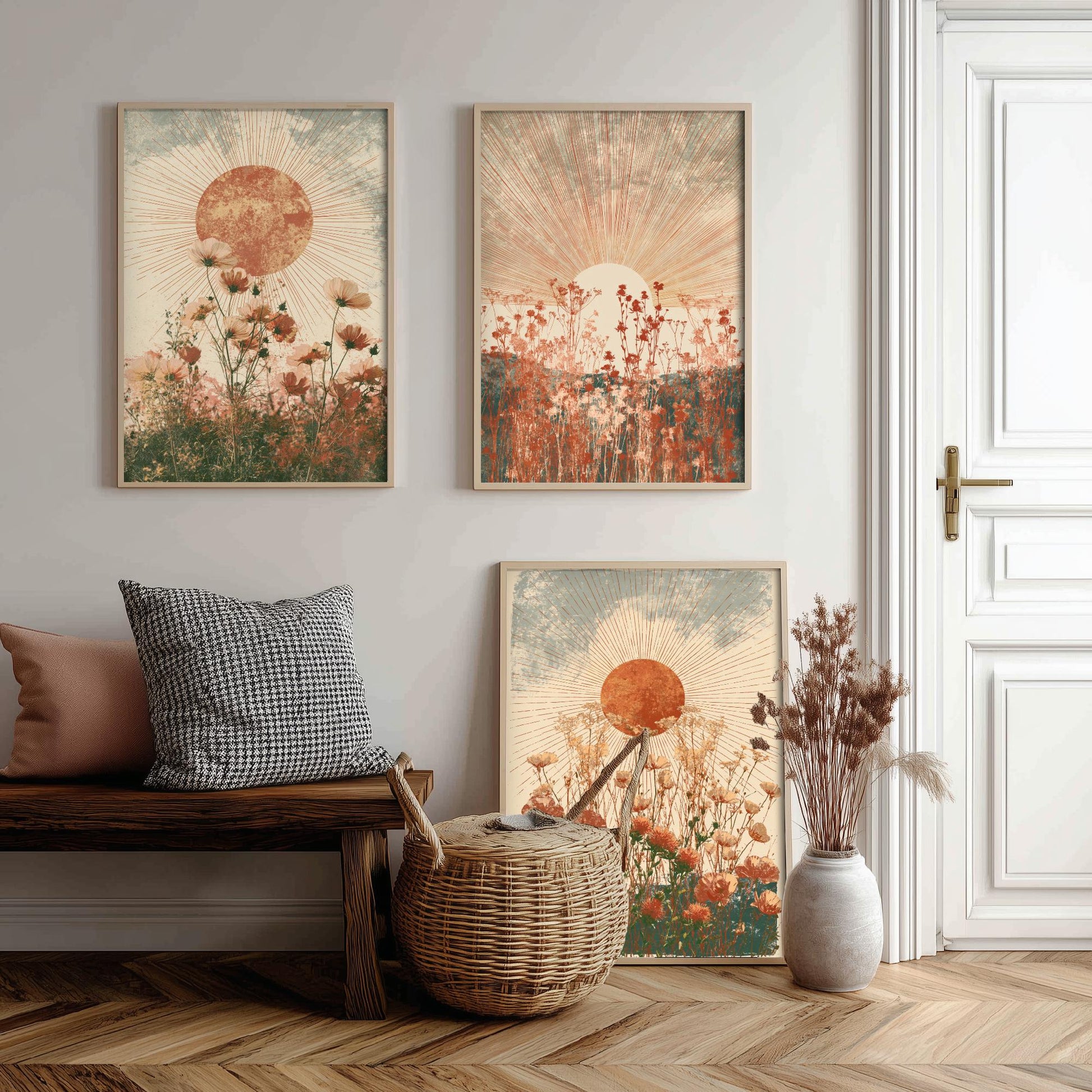 Terracotta Boho Sun Set of Three Art Prints - Wildflower Meadows Under Radiant Suns - Warm Rust Sage Posters - Boho Illustration