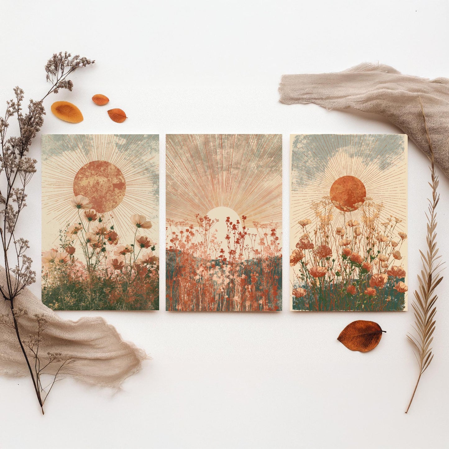 Terracotta Boho Sun Set of Three Art Prints - Wildflower Meadows Under Radiant Suns - Warm Rust Sage Posters - Boho Illustration