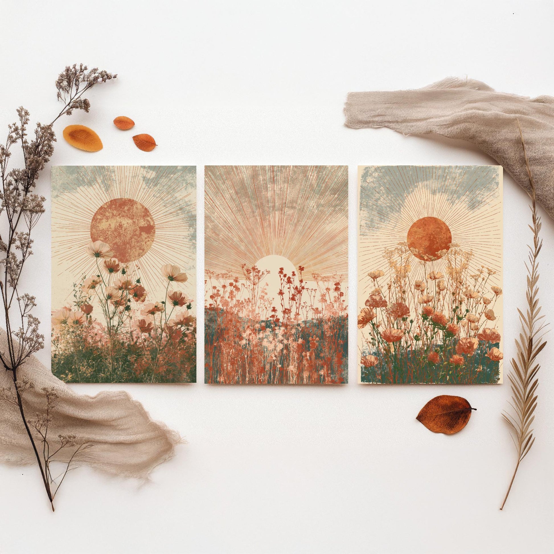 Terracotta Boho Sun Set of Three Art Prints - Wildflower Meadows Under Radiant Suns - Warm Rust Sage Posters - Boho Illustration