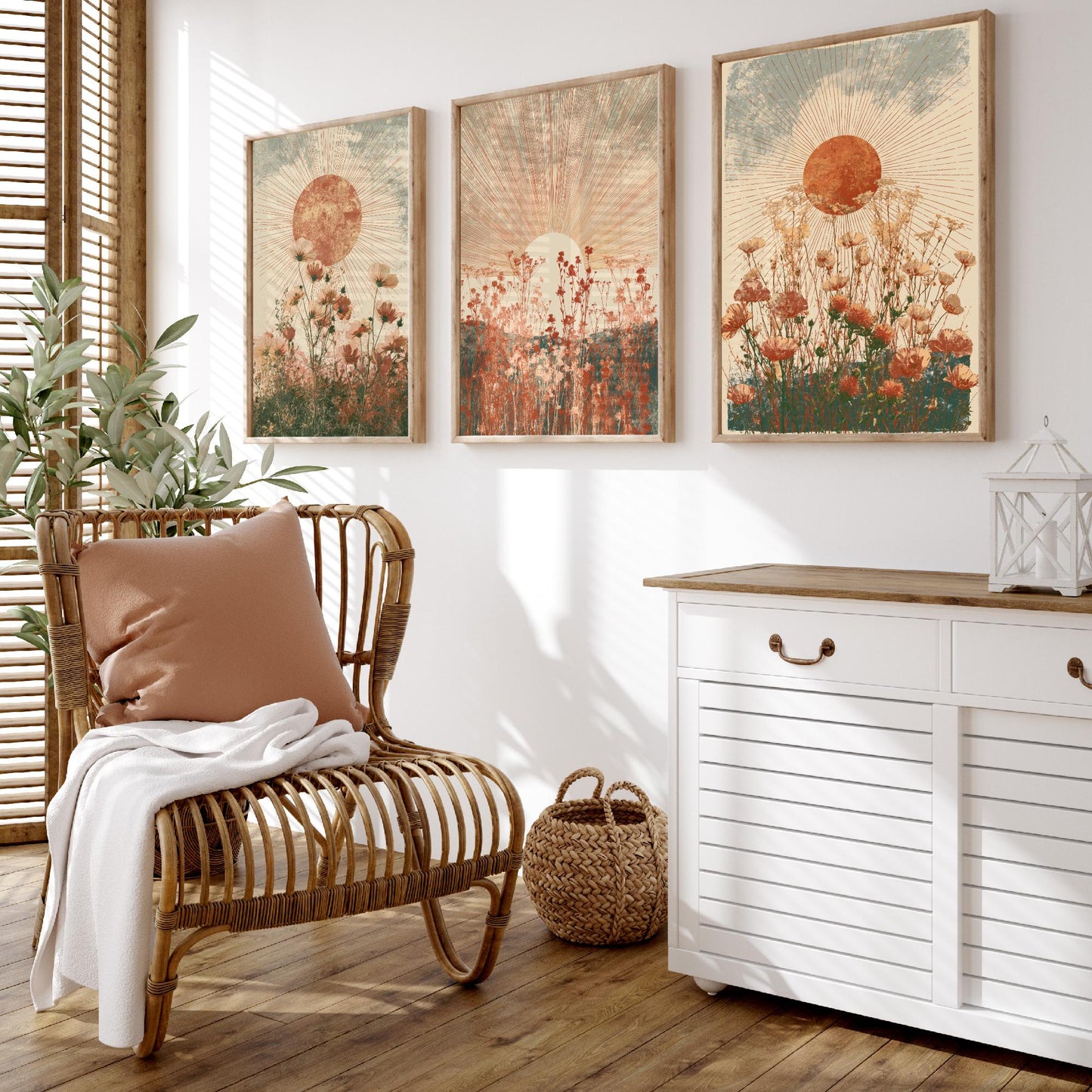 Terracotta Boho Sun Set of Three Art Prints - Wildflower Meadows Under Radiant Suns - Warm Rust Sage Posters - Boho Illustration