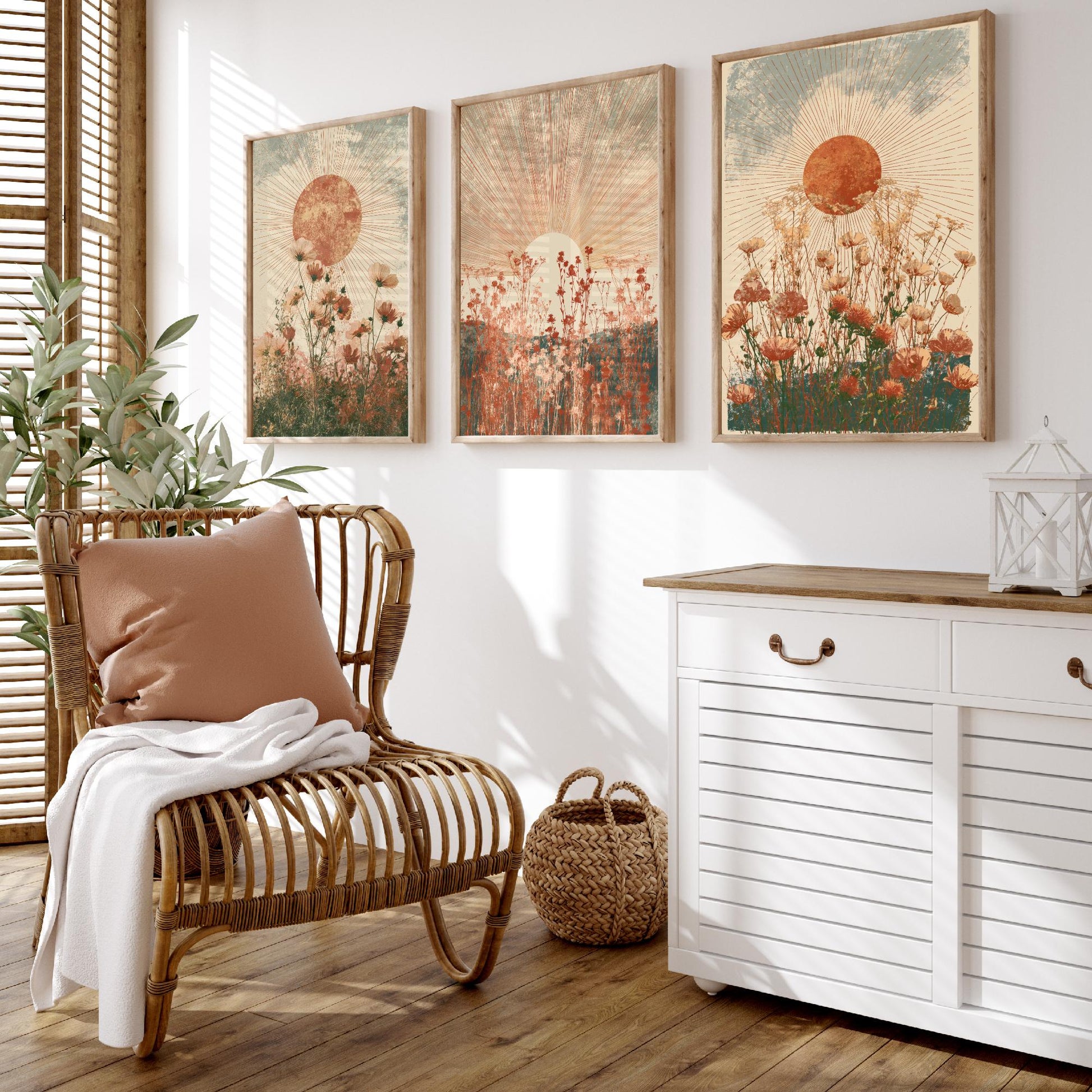 Terracotta Boho Sun Set of Three Art Prints - Wildflower Meadows Under Radiant Suns - Warm Rust Sage Posters - Boho Illustration