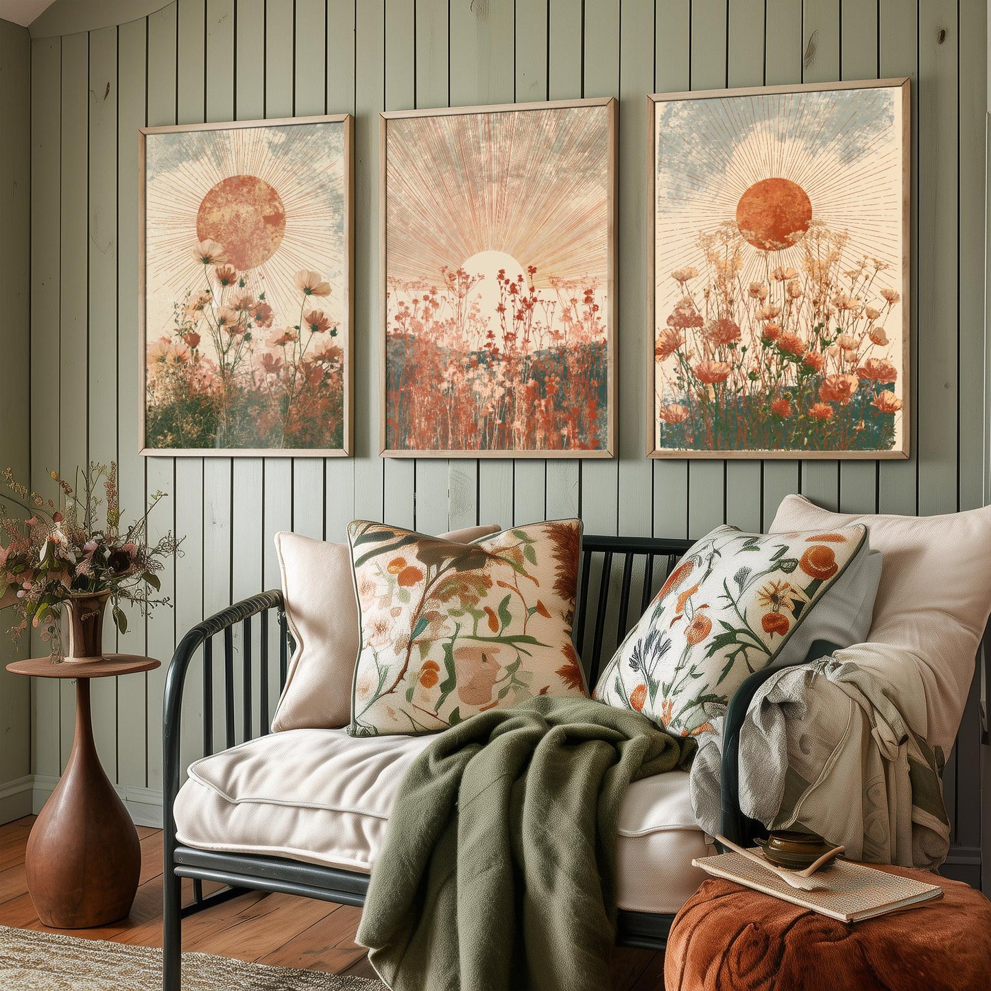 Terracotta Boho Sun Set of Three Art Prints - Wildflower Meadows Under Radiant Suns - Warm Rust Sage Posters - Boho Illustration
