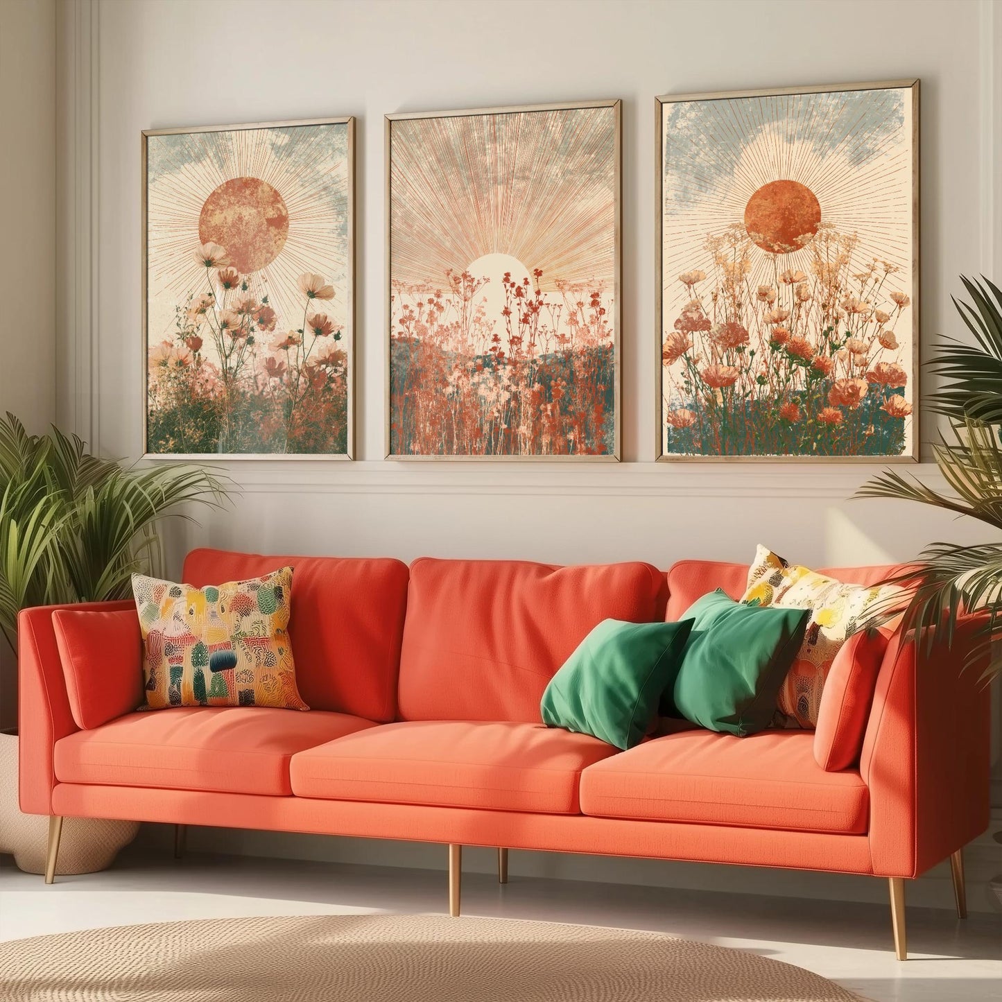 Terracotta Boho Sun Set of Three Art Prints - Wildflower Meadows Under Radiant Suns - Warm Rust Sage Posters - Boho Illustration