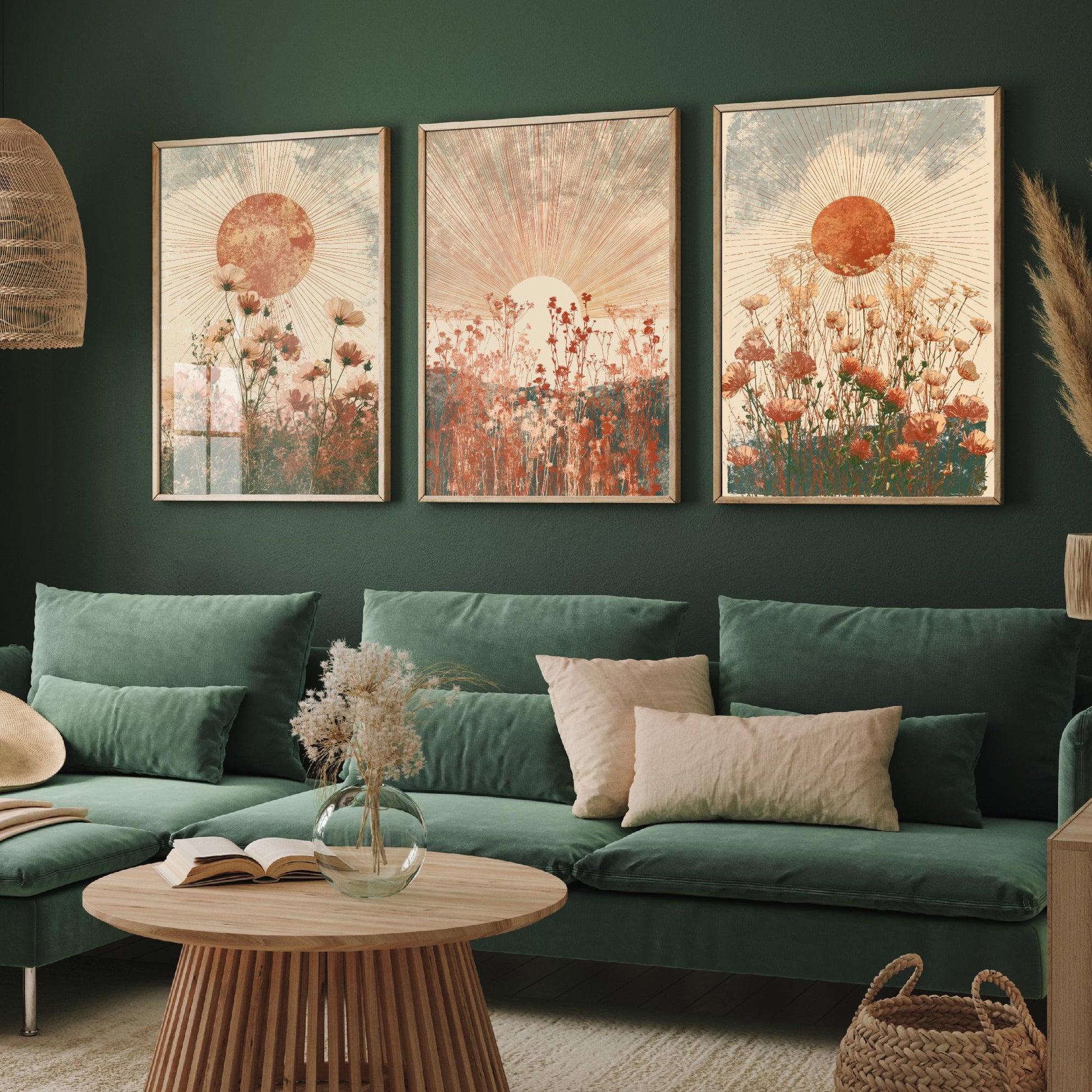 Terracotta Boho Sun Set of Three Art Prints - Wildflower Meadows Under Radiant Suns - Warm Rust Sage Posters - Boho Illustration