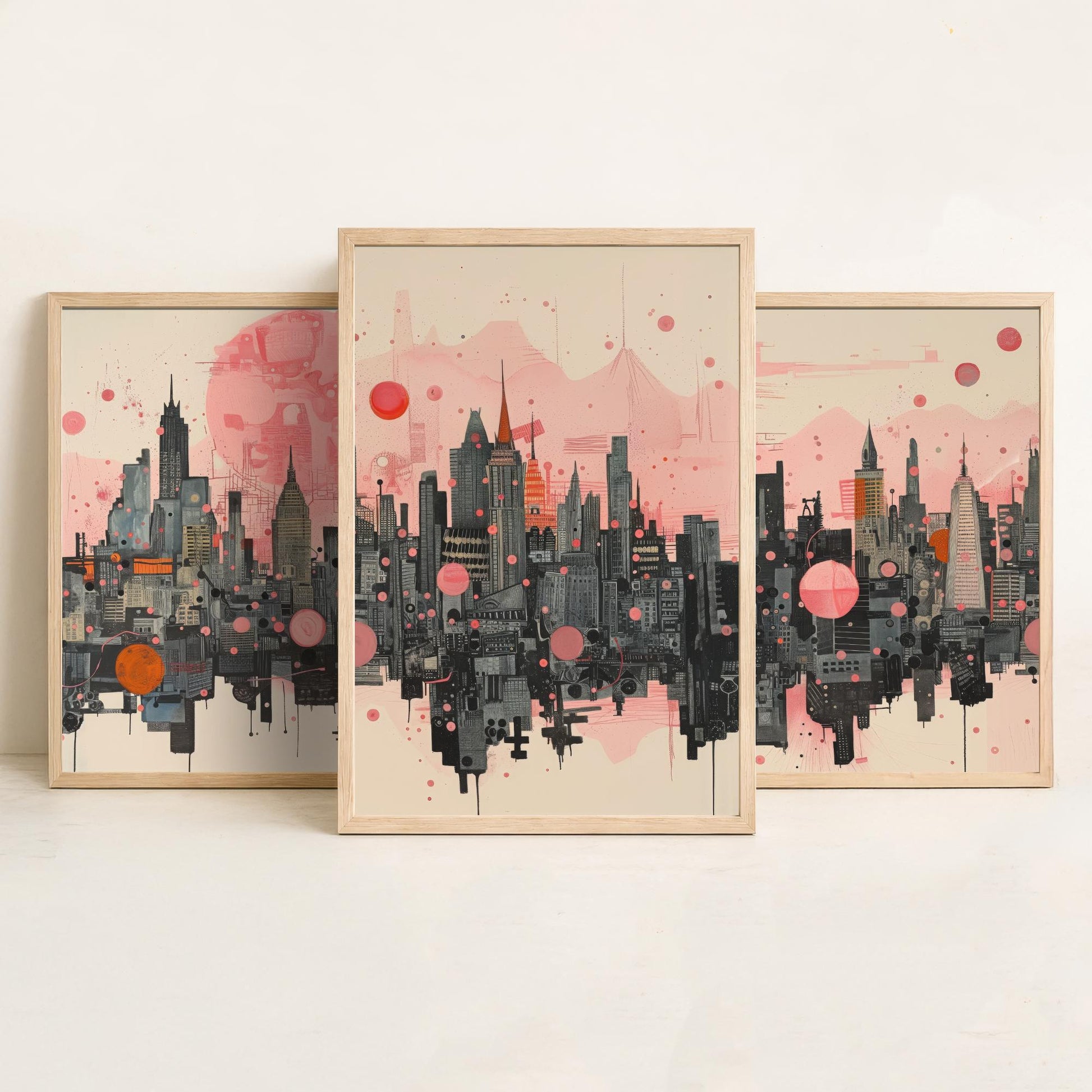 Bangkok Thailand Set of Three Art Prints - Pink Grey City Skyline Poster - Modern Cityscape Illustration Travel Gift