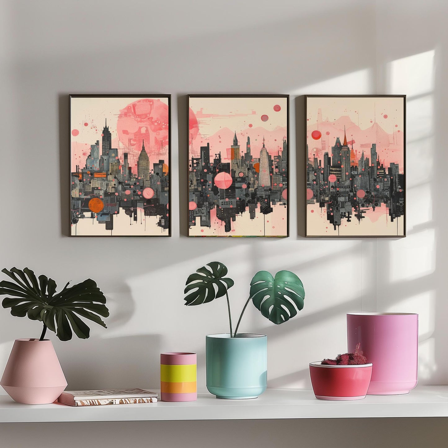 Bangkok Thailand Set of Three Art Prints - Pink Grey City Skyline Poster - Modern Cityscape Illustration Travel Gift