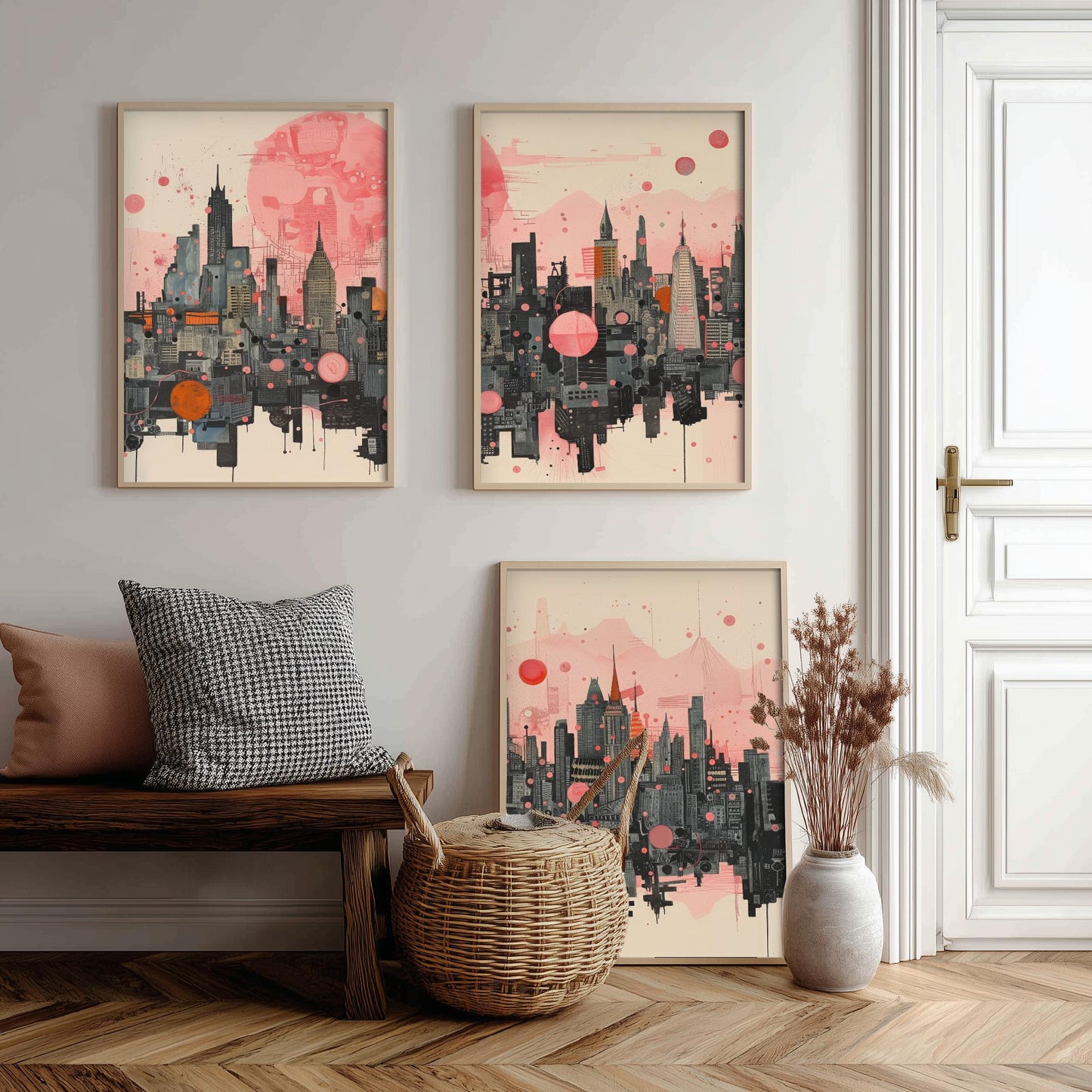 Bangkok Thailand Set of Three Art Prints - Pink Grey City Skyline Poster - Modern Cityscape Illustration Travel Gift