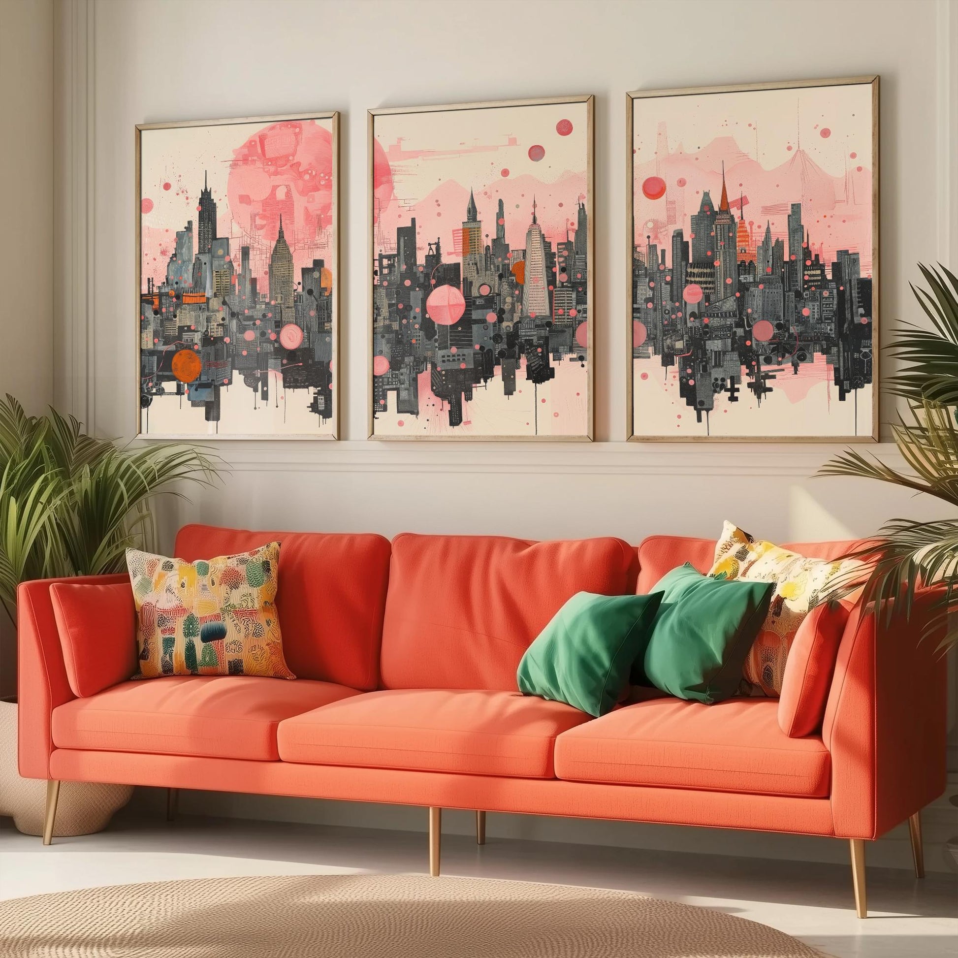 Bangkok Thailand Set of Three Art Prints - Pink Grey City Skyline Poster - Modern Cityscape Illustration Travel Gift