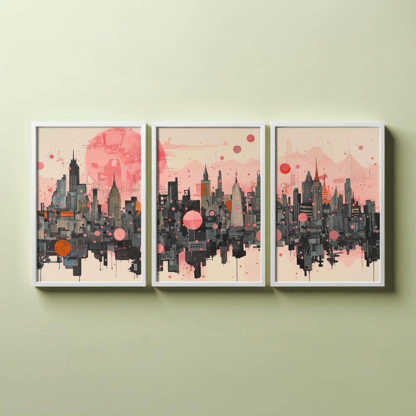Bangkok Thailand Set of Three Art Prints - Pink Grey City Skyline Poster - Modern Cityscape Illustration Travel Gift