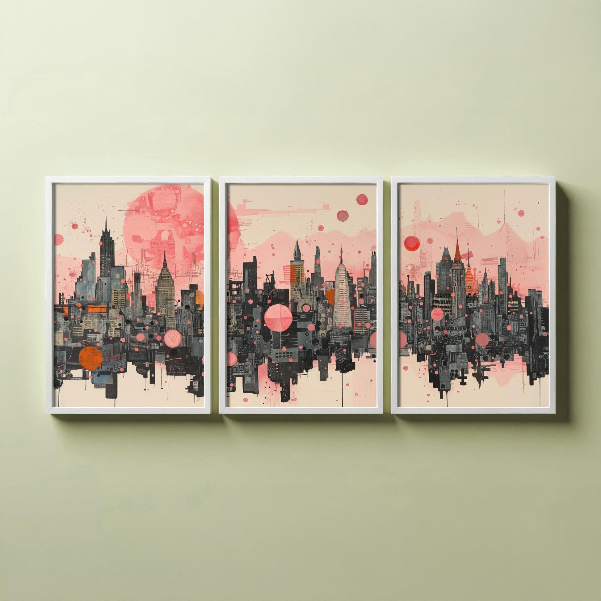 Bangkok Thailand Set of Three Art Prints - Pink Grey City Skyline Poster - Modern Cityscape Illustration Travel Gift