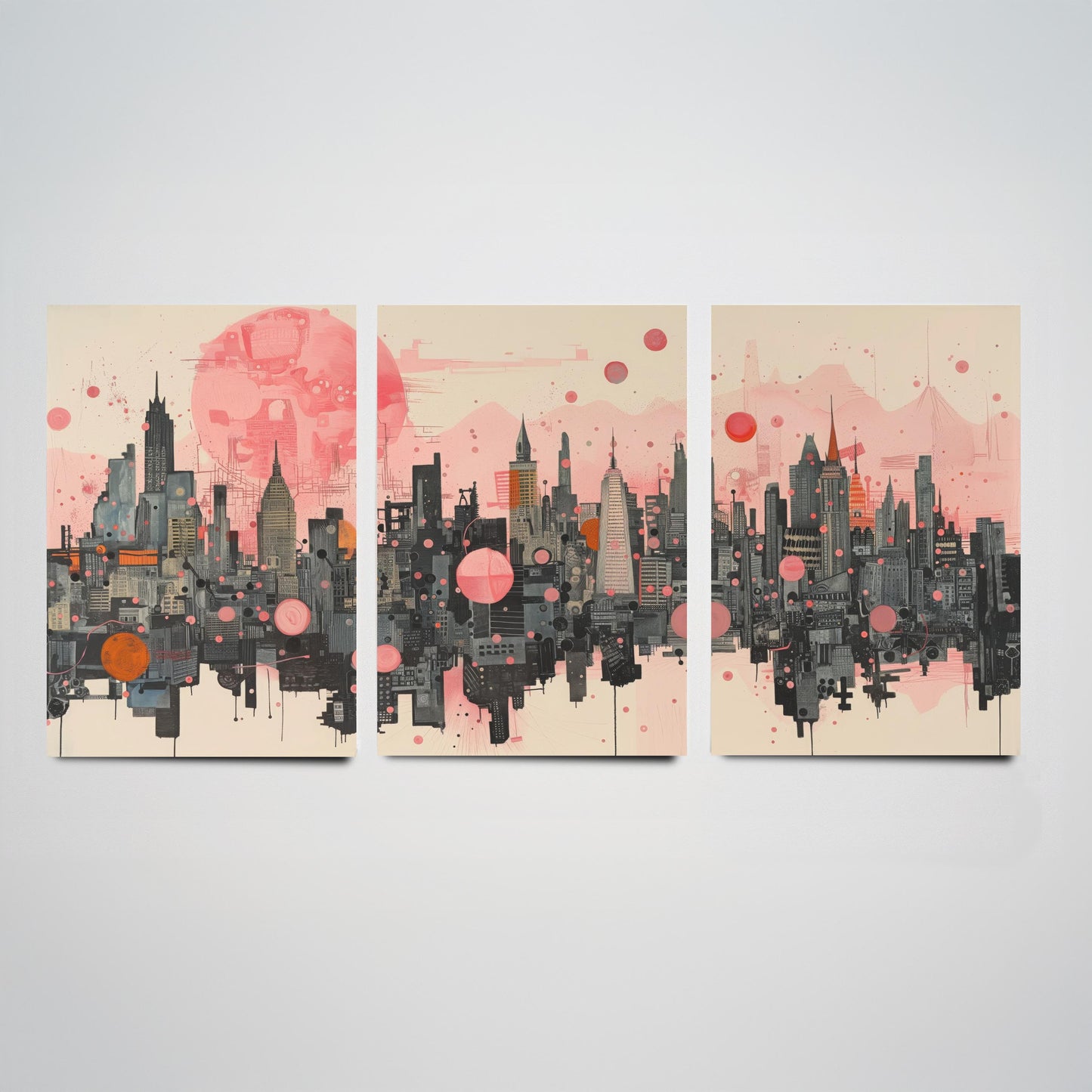 Bangkok Thailand Set of Three Art Prints - Pink Grey City Skyline Poster - Modern Cityscape Illustration Travel Gift