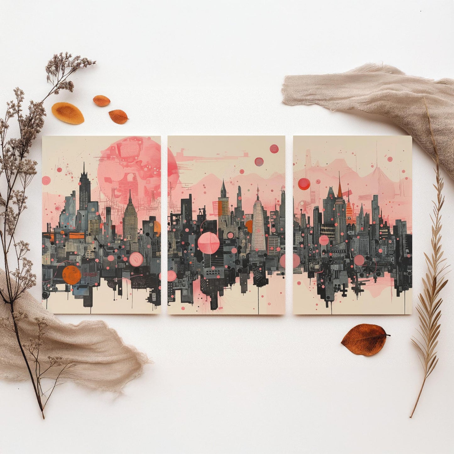 Bangkok Thailand Set of Three Art Prints - Pink Grey City Skyline Poster - Modern Cityscape Illustration Travel Gift