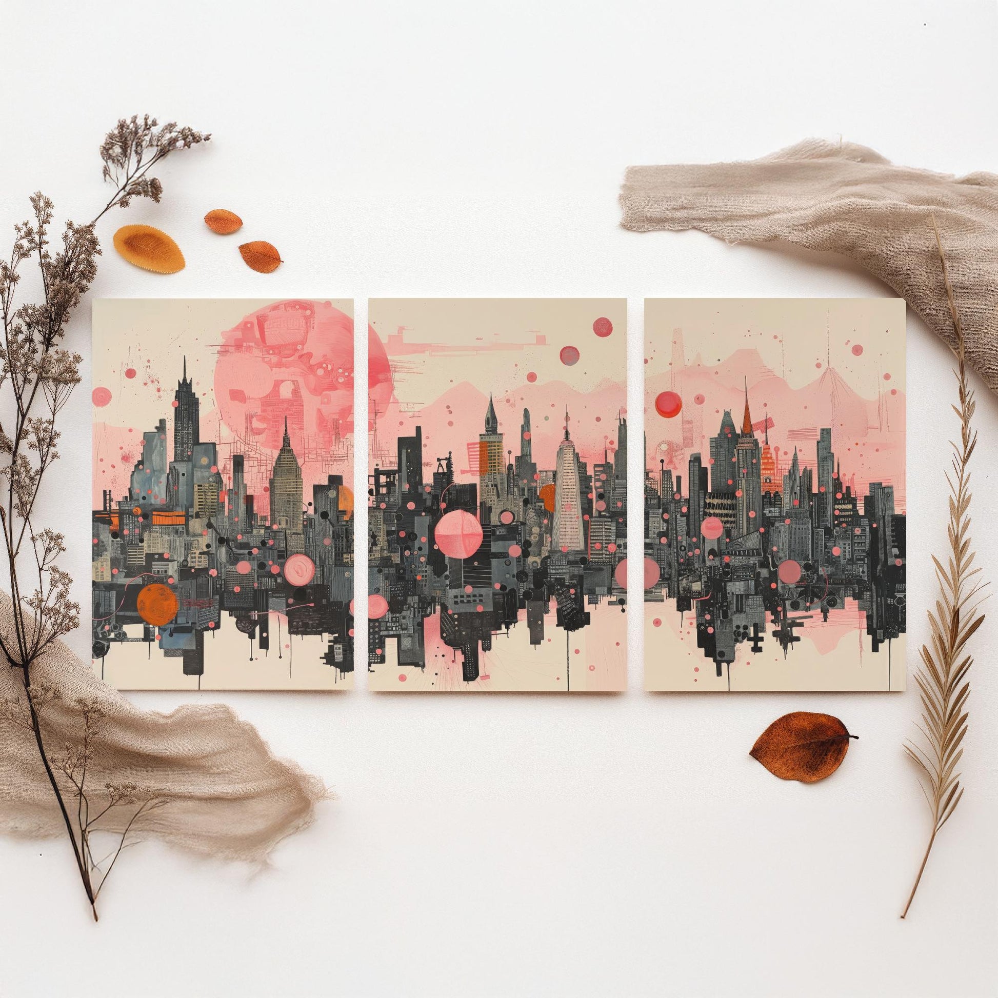 Bangkok Thailand Set of Three Art Prints - Pink Grey City Skyline Poster - Modern Cityscape Illustration Travel Gift