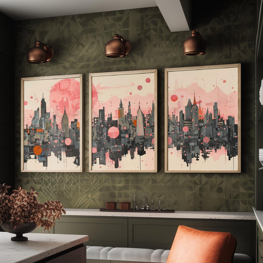 Bangkok Thailand Set of Three Art Prints - Pink Grey City Skyline Poster - Modern Cityscape Illustration Travel Gift