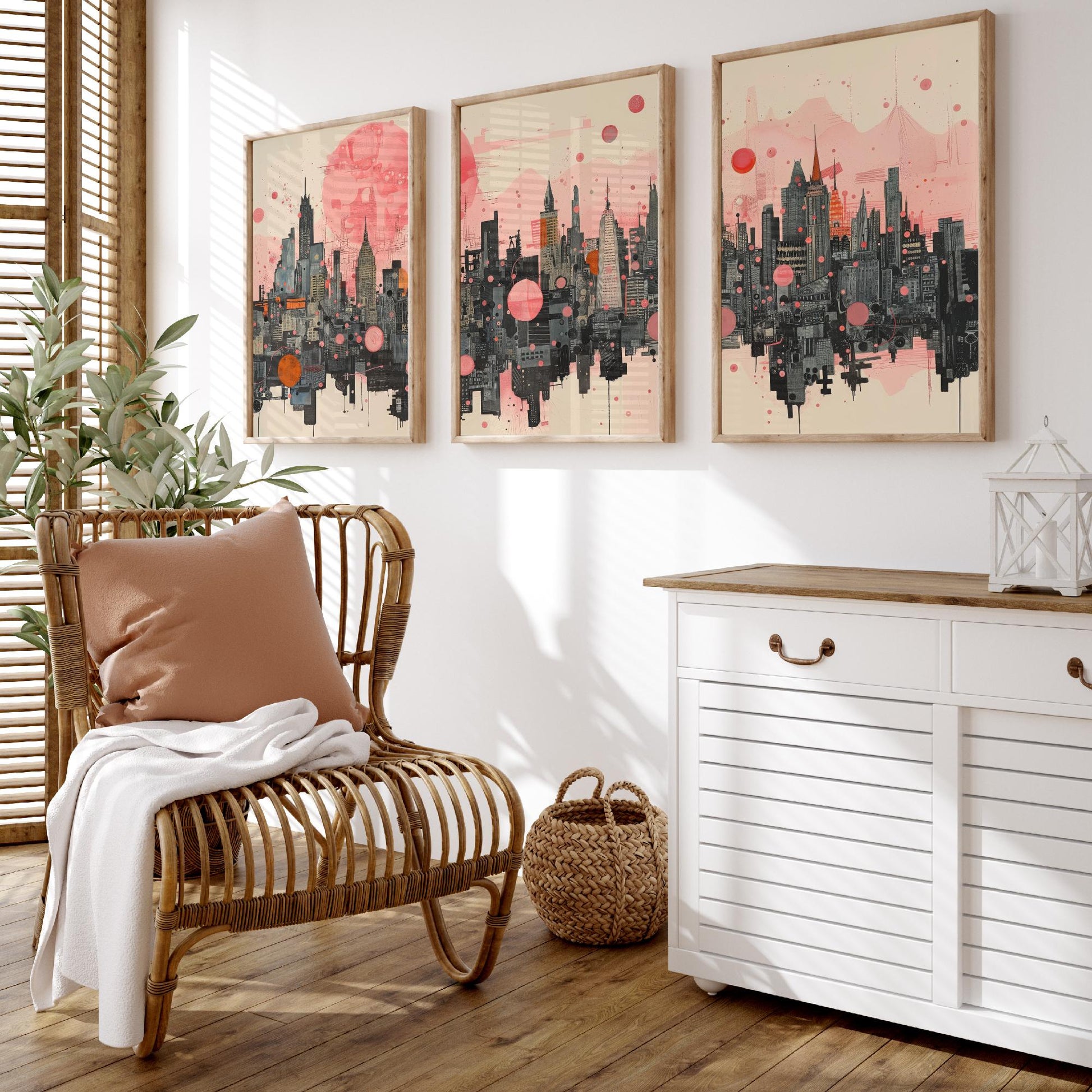 Bangkok Thailand Set of Three Art Prints - Pink Grey City Skyline Poster - Modern Cityscape Illustration Travel Gift