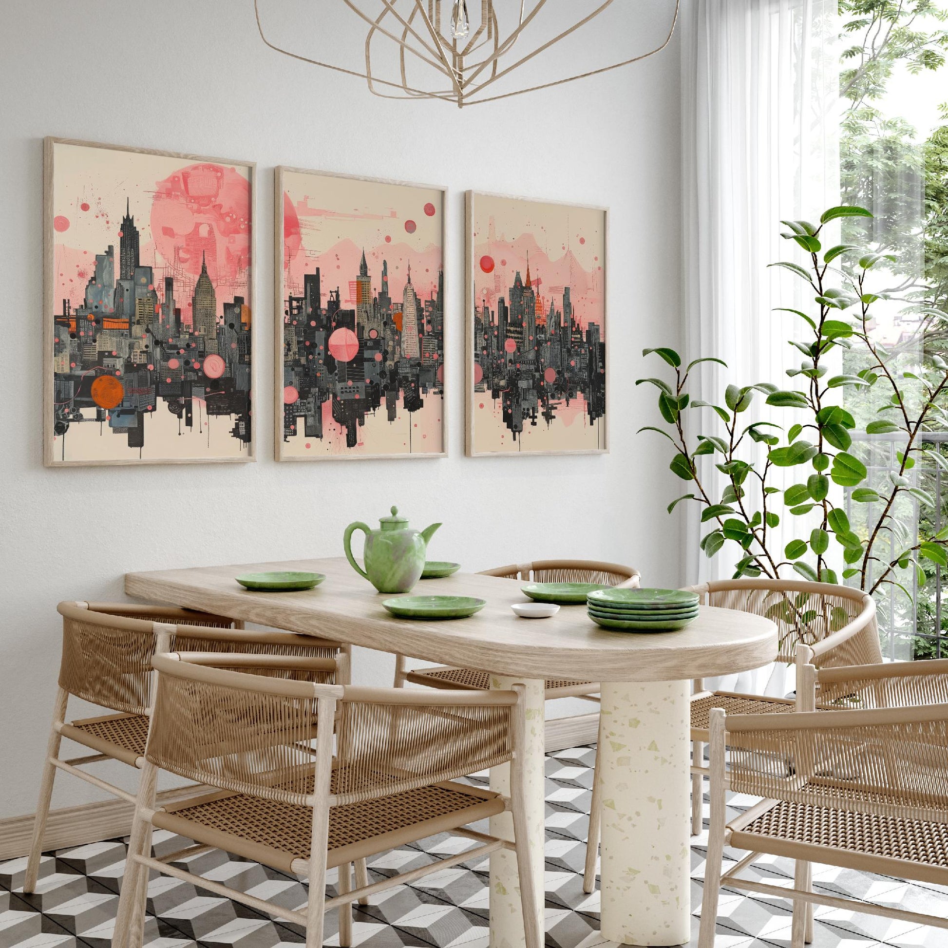 Bangkok Thailand Set of Three Art Prints - Pink Grey City Skyline Poster - Modern Cityscape Illustration Travel Gift