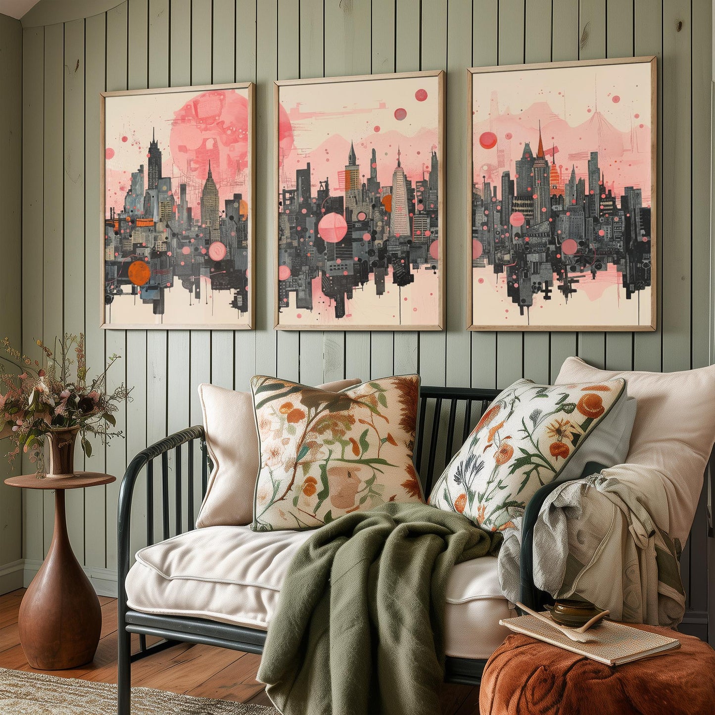 Bangkok Thailand Set of Three Art Prints - Pink Grey City Skyline Poster - Modern Cityscape Illustration Travel Gift