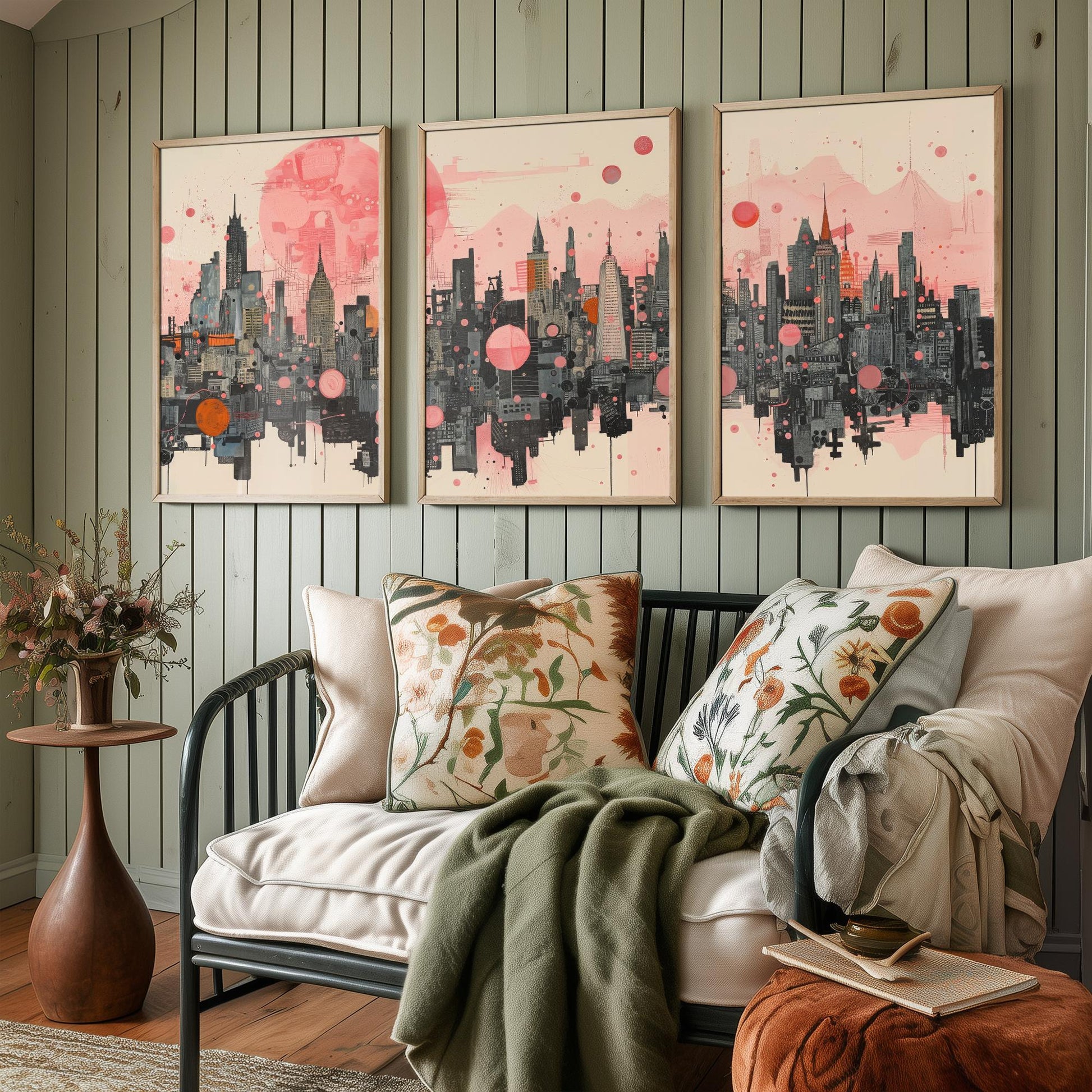 Bangkok Thailand Set of Three Art Prints - Pink Grey City Skyline Poster - Modern Cityscape Illustration Travel Gift