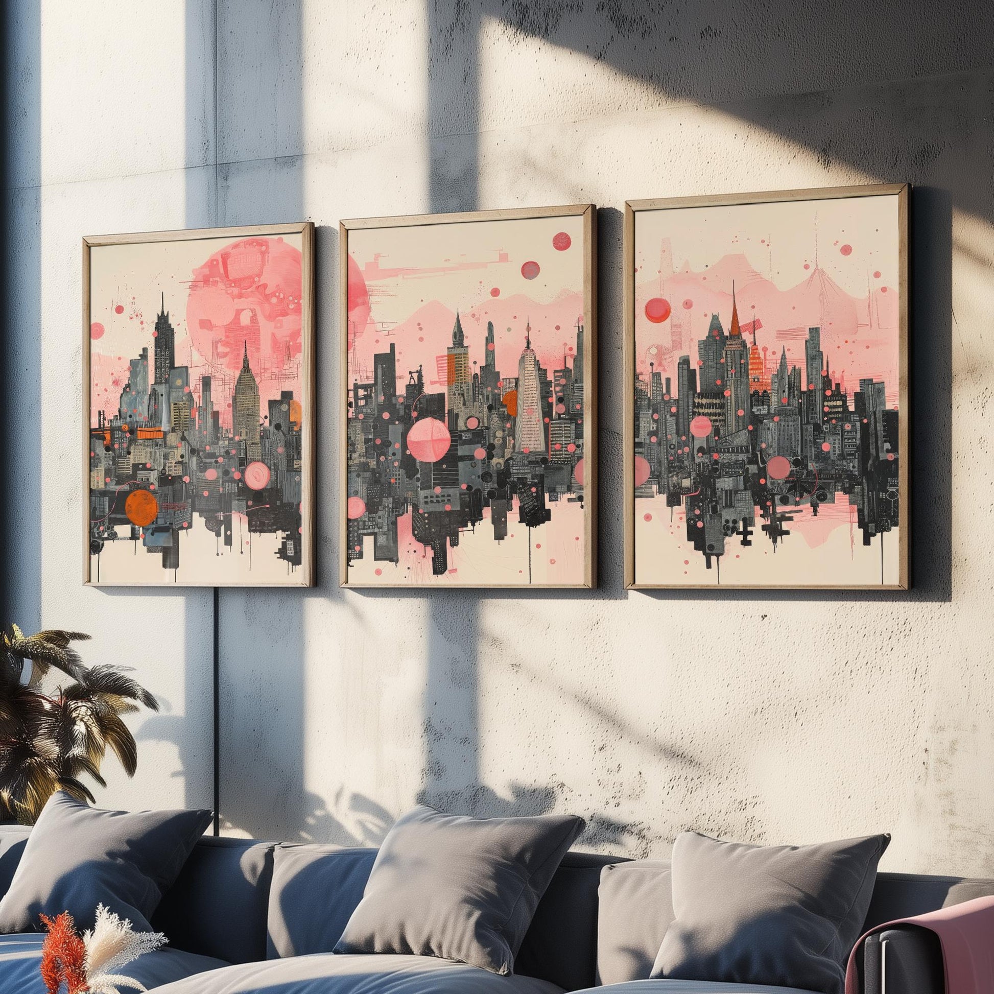 Bangkok Thailand Set of Three Art Prints - Pink Grey City Skyline Poster - Modern Cityscape Illustration Travel Gift