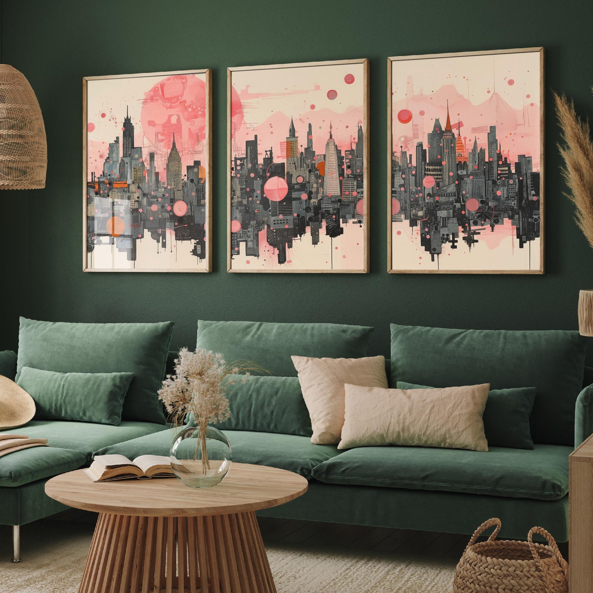 Bangkok Thailand Set of Three Art Prints - Pink Grey City Skyline Poster - Modern Cityscape Illustration Travel Gift