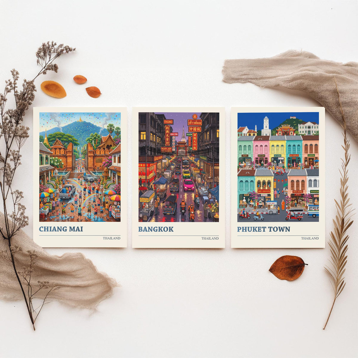 Thailand Set of Three Art Prints - Chiang Mai, Bangkok, Phuket Town - 3 Colourful Folk Illustration Travel Posters - Thai Painting