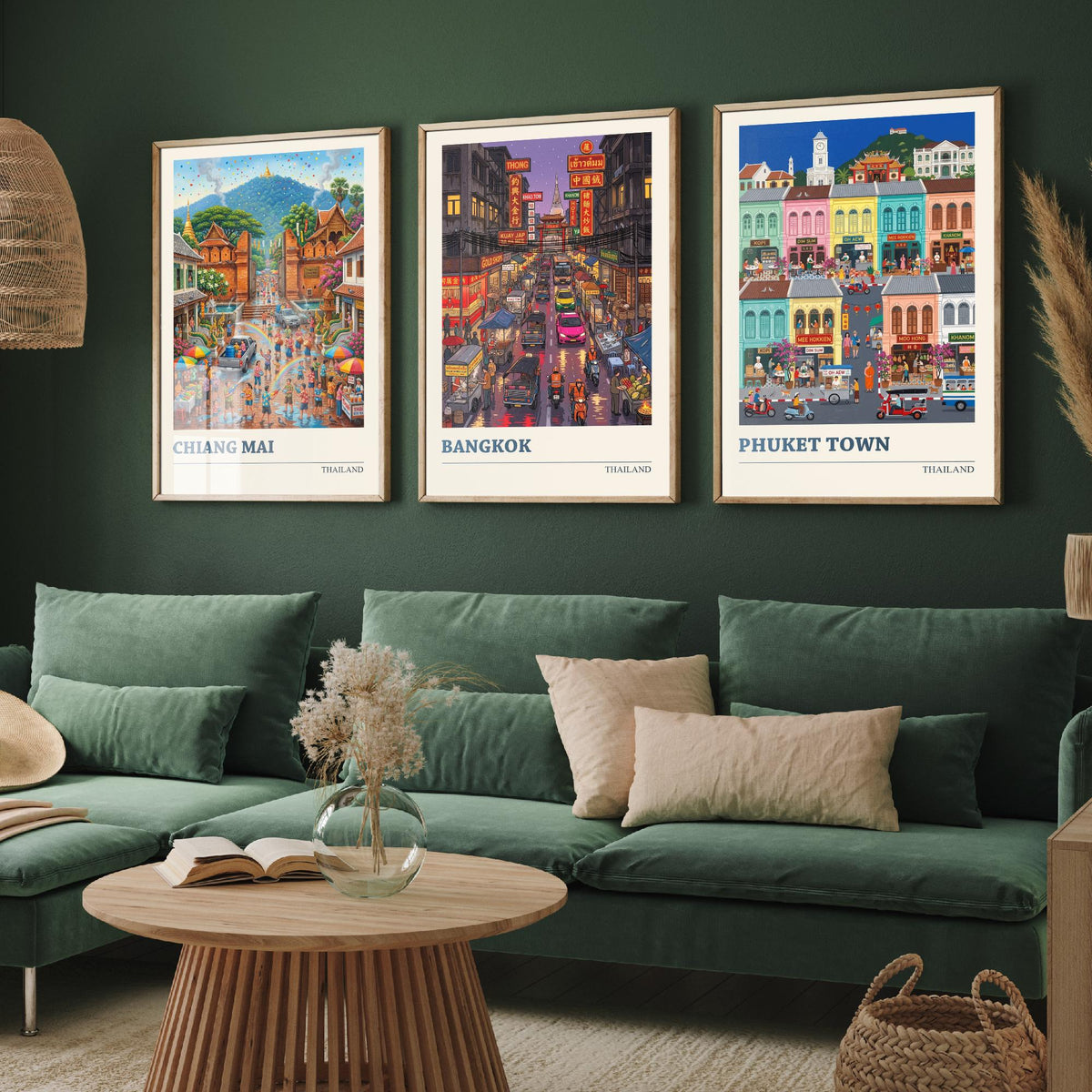 Thailand Set of Three Art Prints - Chiang Mai, Bangkok, Phuket Town - 3 Colourful Folk Illustration Travel Posters - Thai Painting